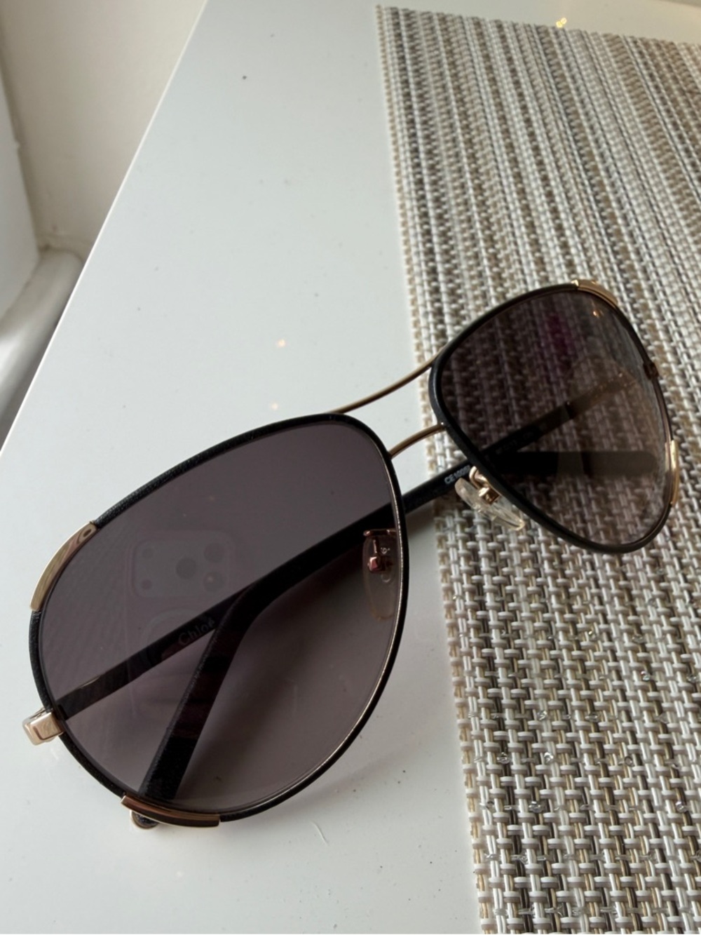 Chloé Aviator Sunglasses with Leather Arms and Frame with Gold Hardware CE100SL